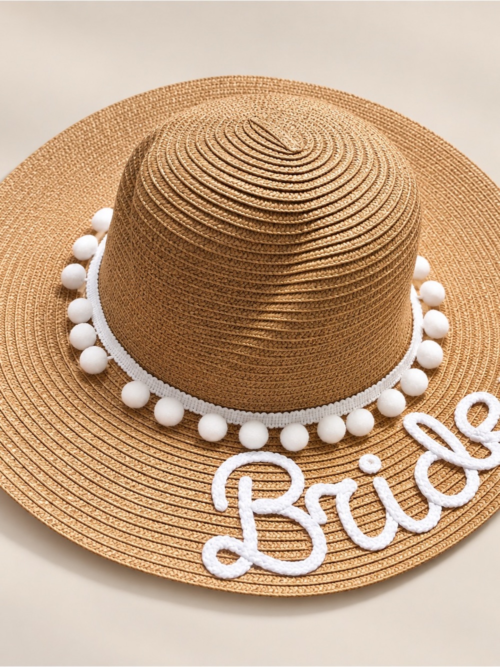Bride Straw Sun Hat with White Pom Trim